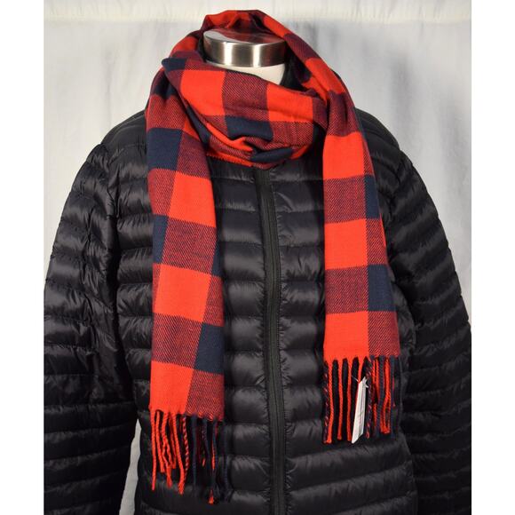 New Lands End Rectangle Winter Scarf Red & Black Check Acrylic Fringe 16" x 72" - Picture 2 of 7